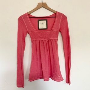 Y2K Abercrombie & Fitch Pink Smock Square Open Neck Babydoll Eyelet Blouse